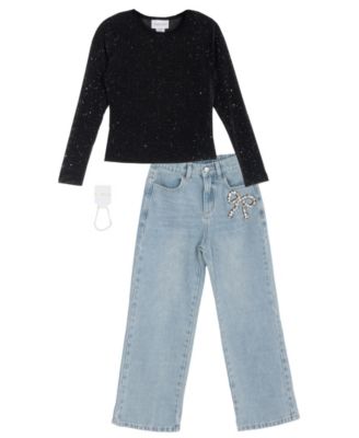 Girls' 7-12 Sequin Wide-Leg Rhinestone-Bow Top, Camisole, and Jeans, 3-Piece Set