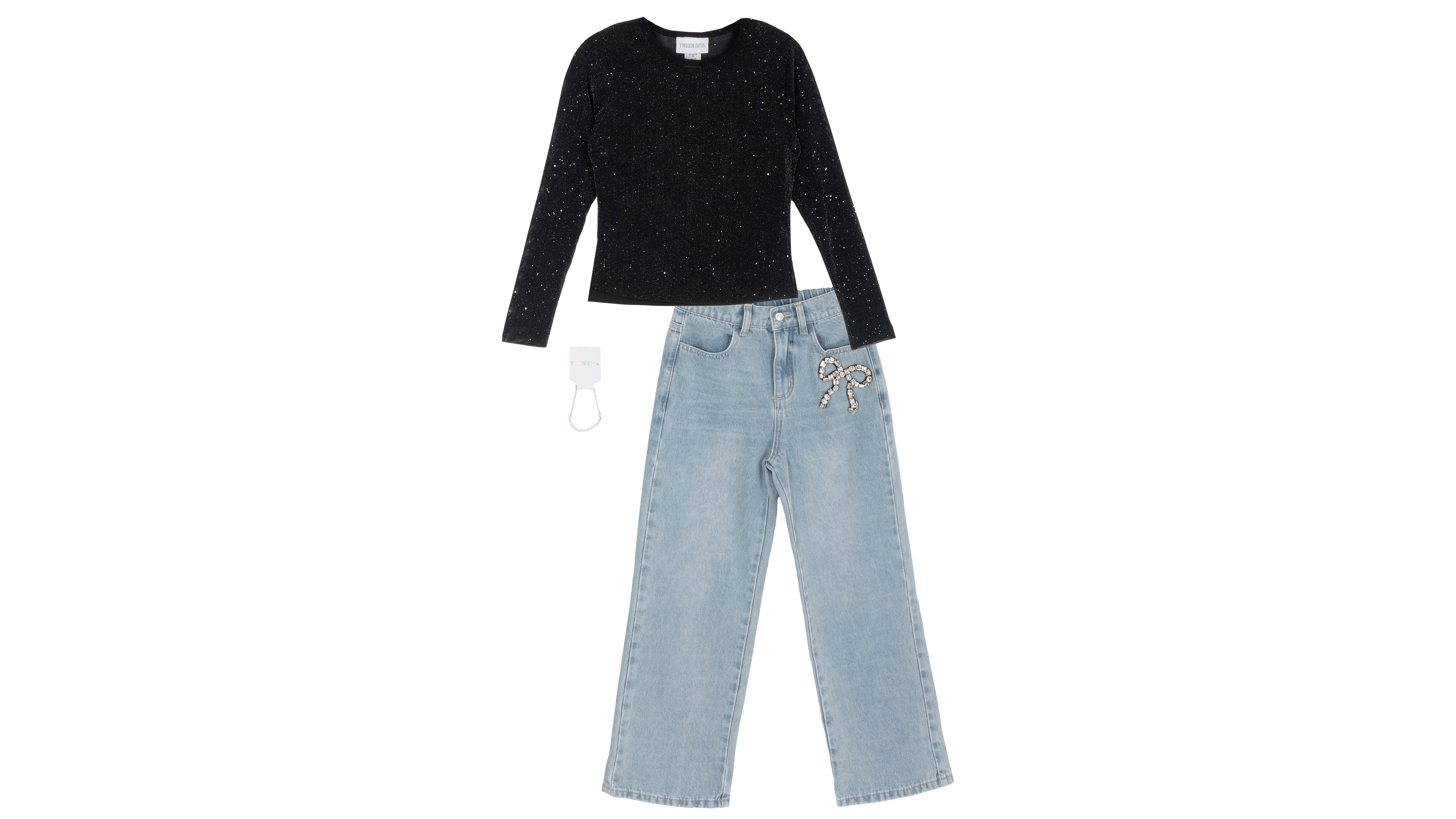 Tween Diva Girls' 7-12 Sequin Wide-Leg Rhinestone-Bow Top, Camisole, and Jeans, 3-Piece Set