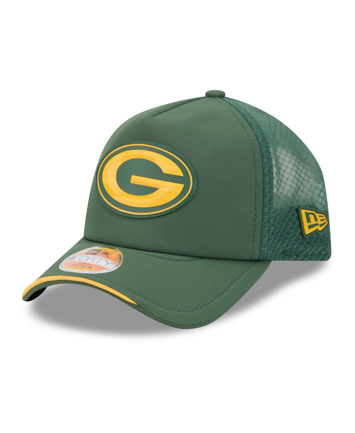 Big Boys and Girls Green Green Bay Packers 2026 Sideline Apex 9FORTY Adjustable Trucker Hat