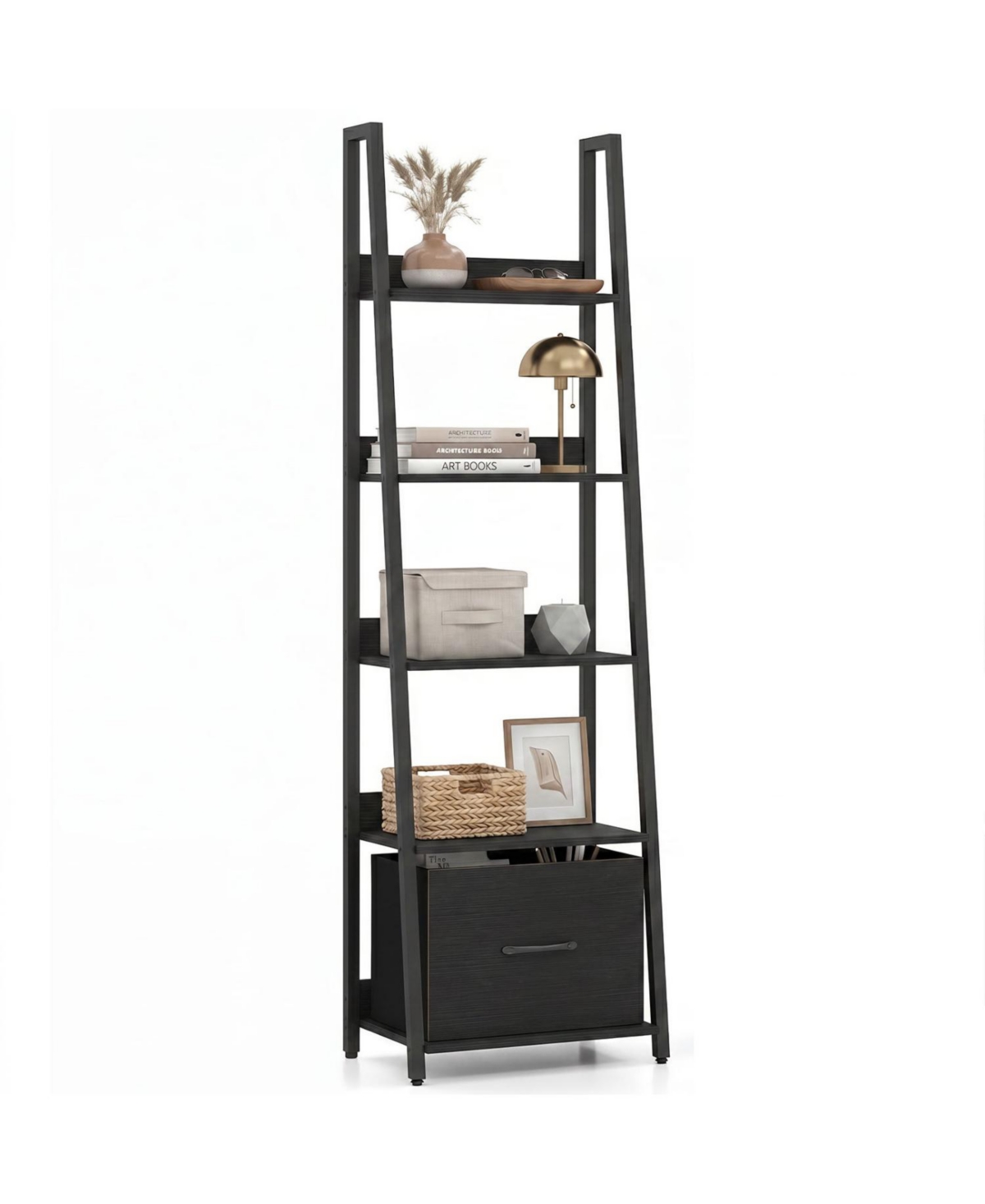 Mecale 5-Tier Ladder Bookshelf with Fabric Drawer for Living Room and Home Office