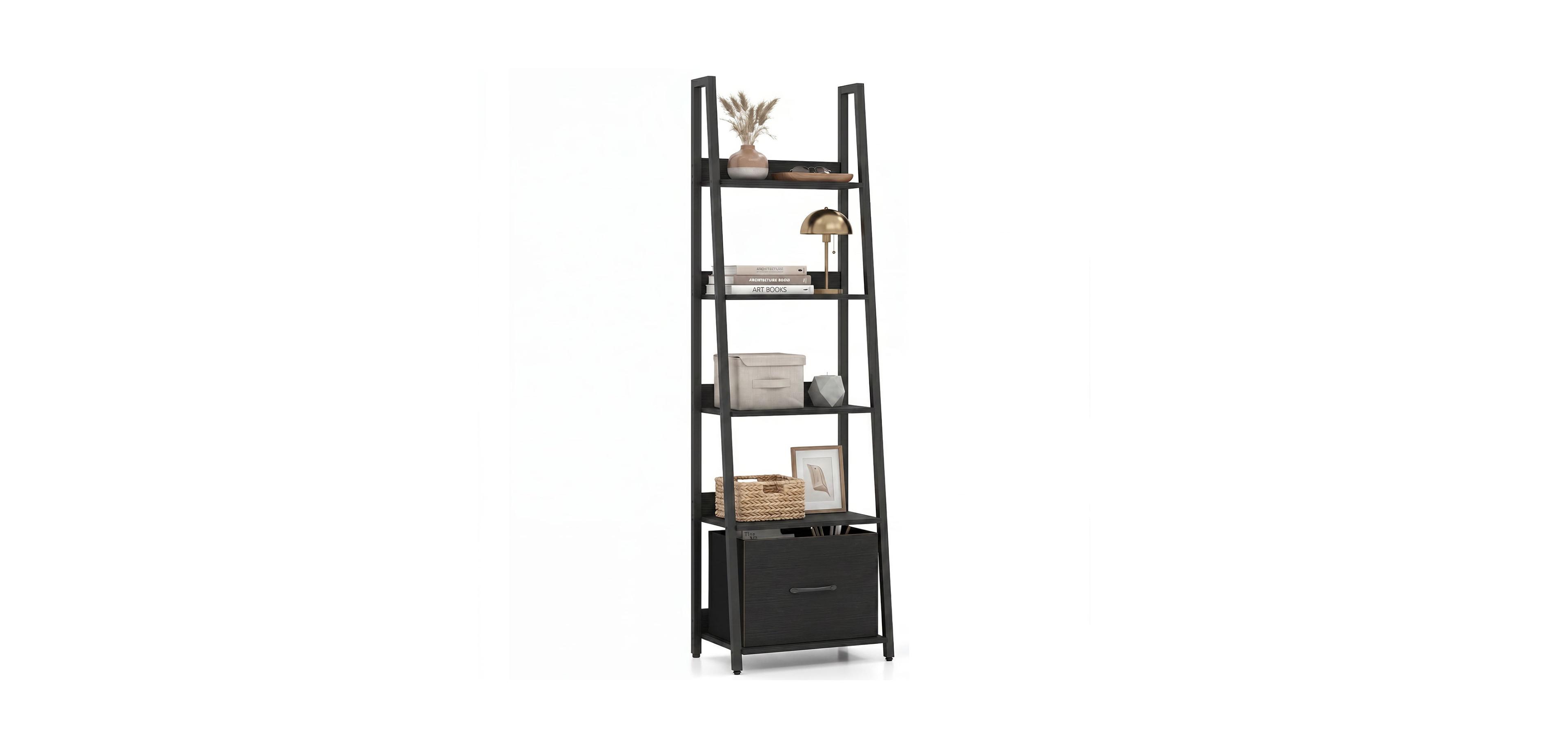 Mecale 5-Tier Ladder Bookshelf with Fabric Drawer for Living Room and Home Office