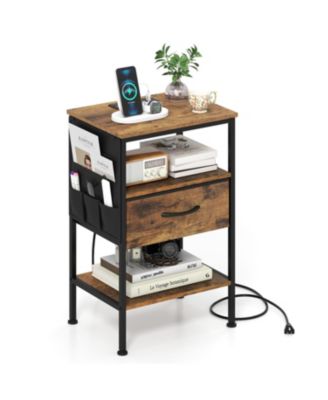 Nightstand with Charging Station 24.5 Inch Modern Bedside Table with Fabric Drawer