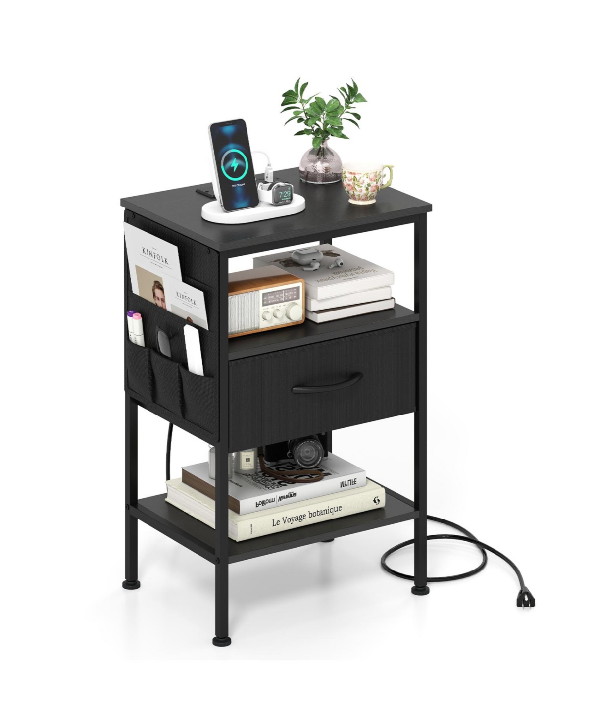 Mecale Nightstand with Charging Station 24.5 Inch Modern Bedside Table Fabric Drawer