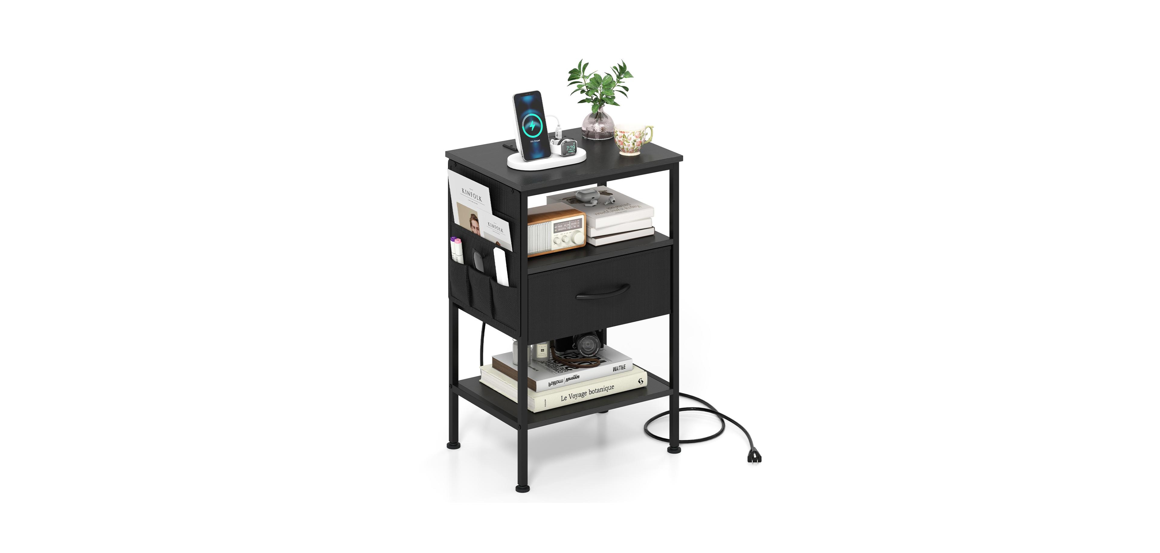 Mecale Nightstand with Charging Station 24.5 Inch Modern Bedside Table Fabric Drawer