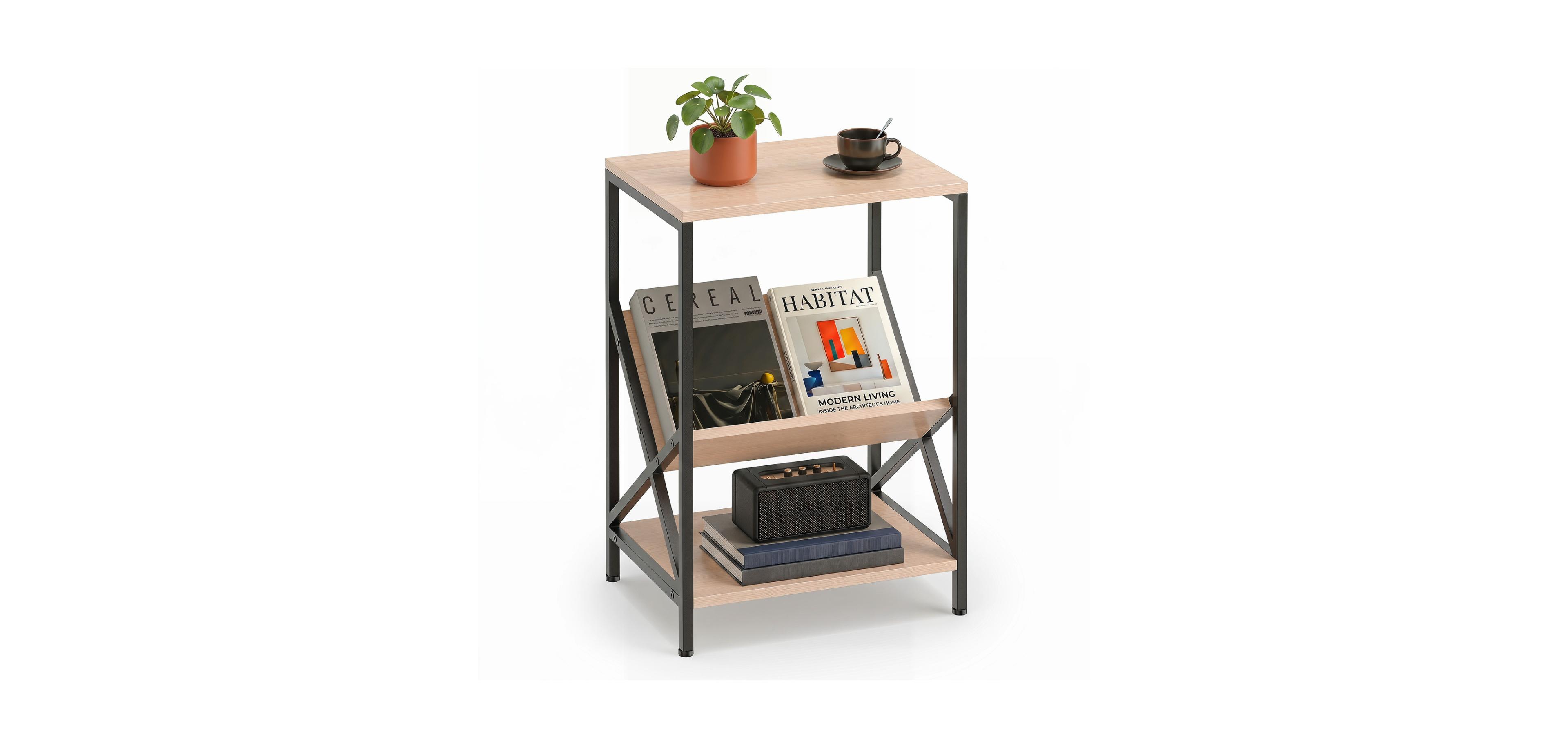 Mecale 3 Tier Industrial Side Table with V Shaped Bookshelf for Living