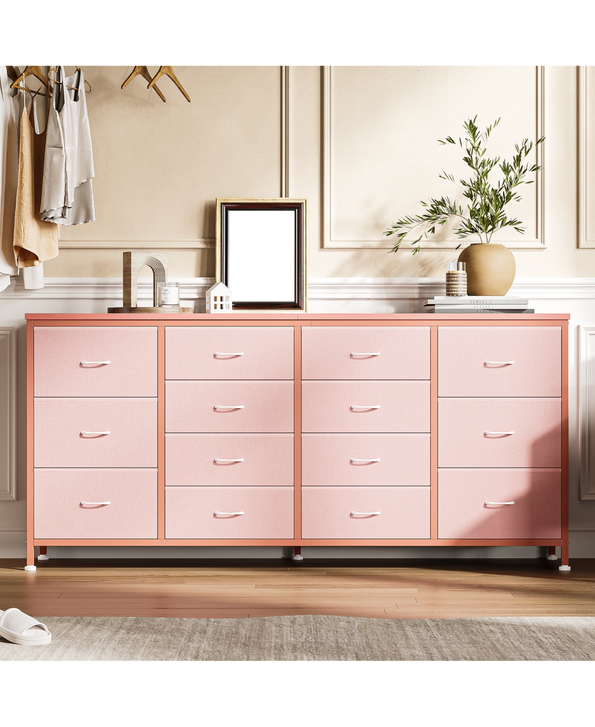 homfan 63" Long Dresser 14 Fabric Drawers Tv Stand for Tv up to 75 Inch with Power Outlets Media Console for Bedroom Living Room