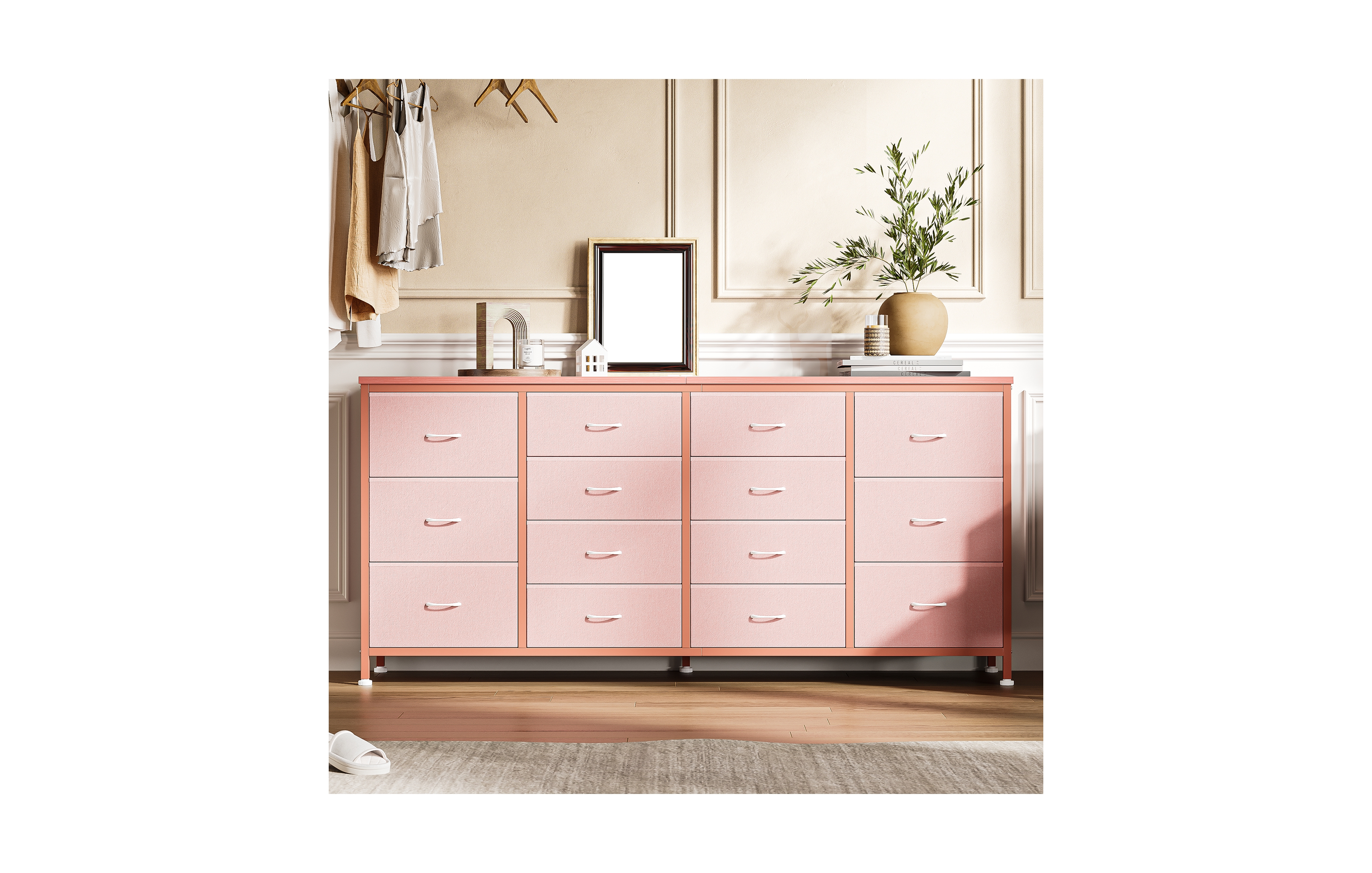 homfan 63" Long Dresser 14 Fabric Drawers Tv Stand for Tv up to 75 Inch with Power Outlets Media Console for Bedroom Living Room