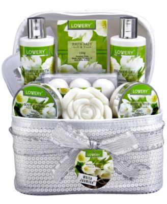 White Jasmine Bath and Body Gift Set for Women, Luxury Spa Gift Set, Fragrance and Self Care Skin Care Set with Cosmetic Bag