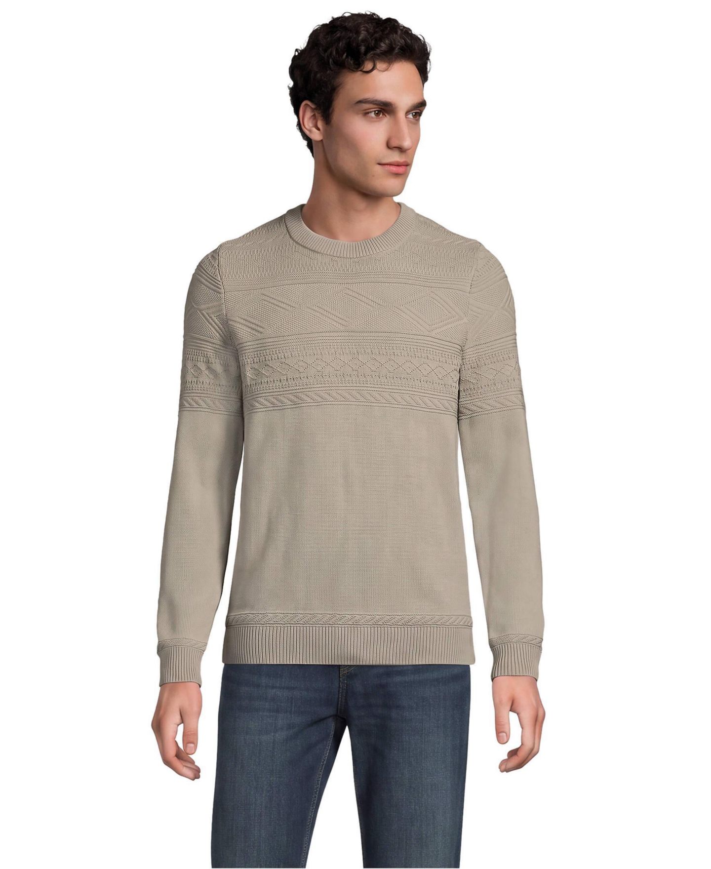 Мужской свитер Lands' End Drifter Crewneck Long-Sleeve Textured, цвет: Дюнный серый — фото 1