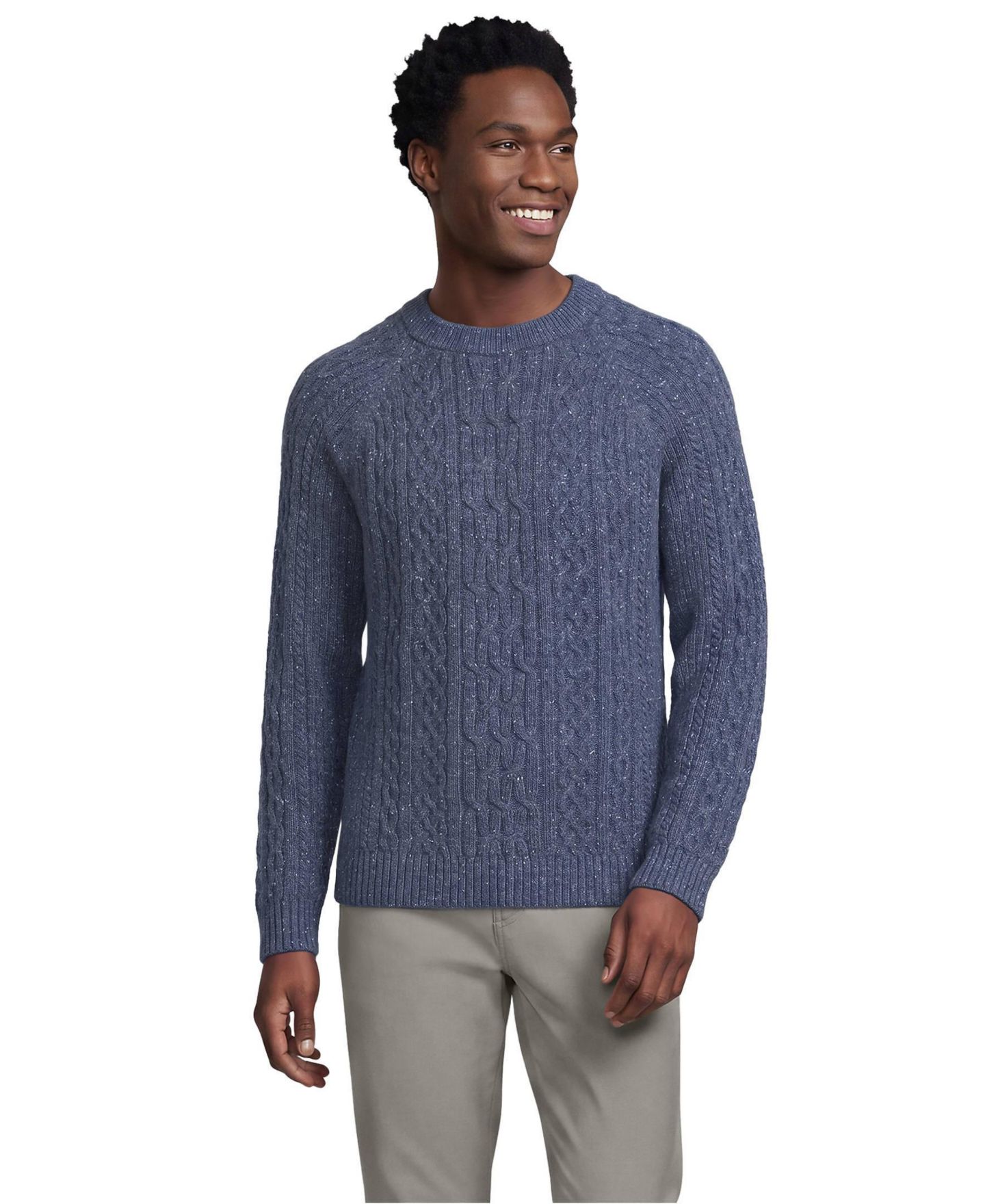 Мужской свитер Lands' End Long Sleeve Cotton Wool Blend Crewneck, цвет: Состаренный тёмно-синий меланжевый — фото 1
