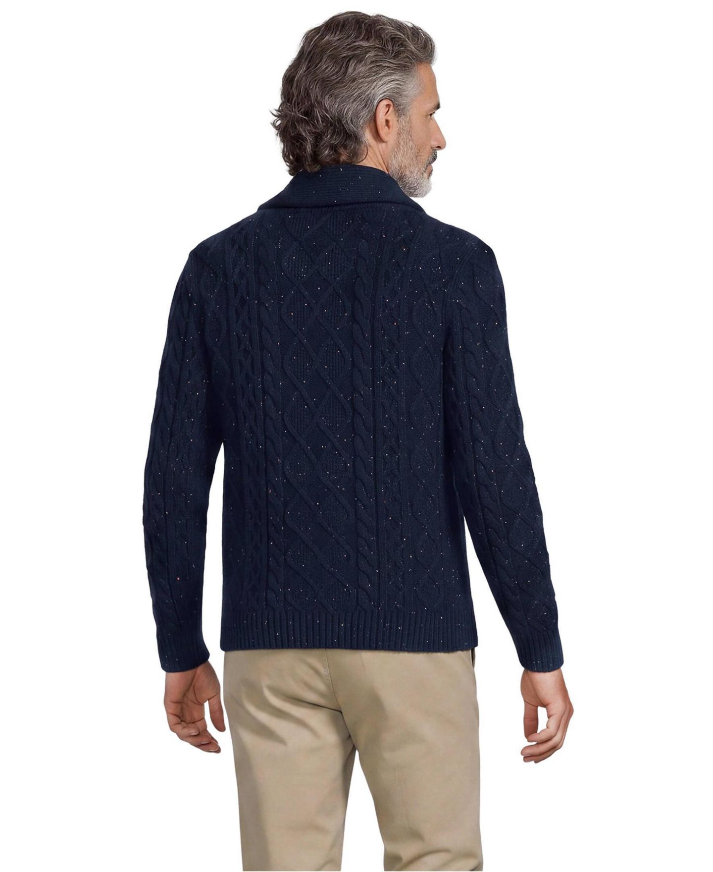Мужской кардиган Lands' End Cable-Knit Shawl-Collar Cotton/Wool-Blend, цвет: Тёмно-синий — фото 3