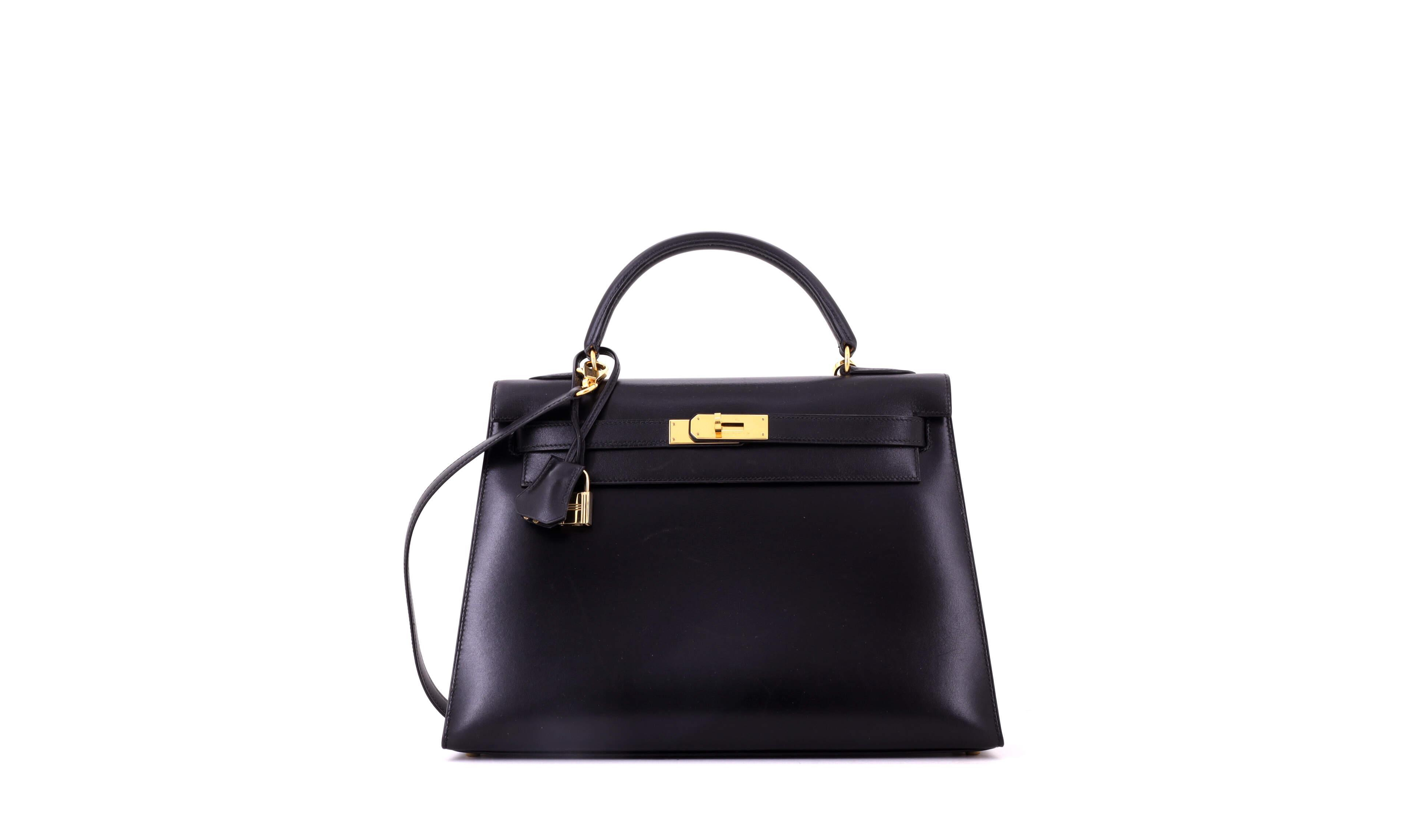 Pre-Owned HERMES Kelly 32 Box Calf Shoulder Bag with Gold Hardware