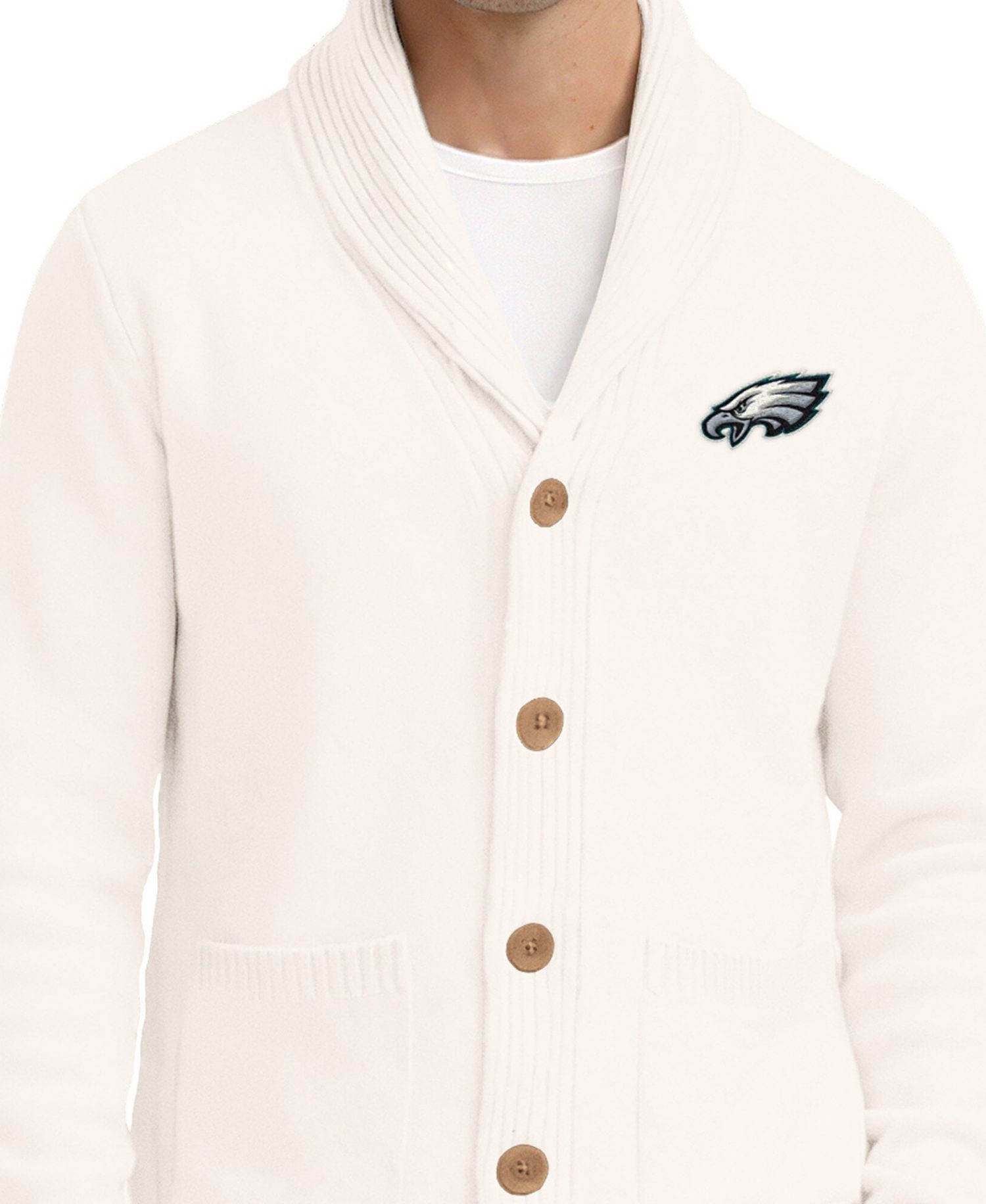 Men's Cream Philadelphia Eagles Shawl Collar Heavy Knit Cardigan Sweater