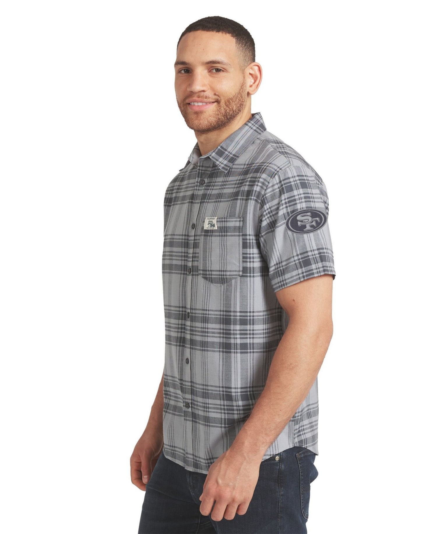 Men's Gray San Francisco 49ers Woven Short Sleeve Button-Up Shirt