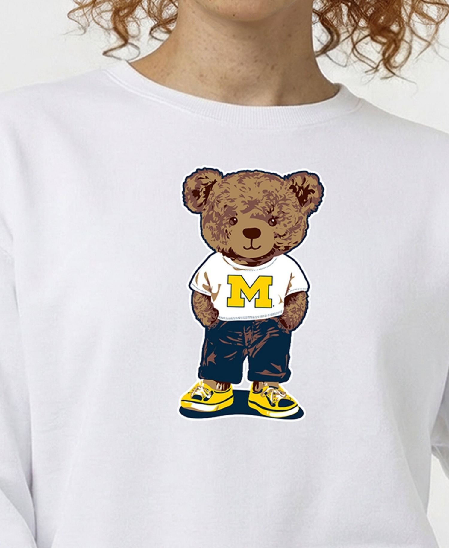 Women's White Michigan Wolverines Teddy Bear Fleece Sweatshirt
