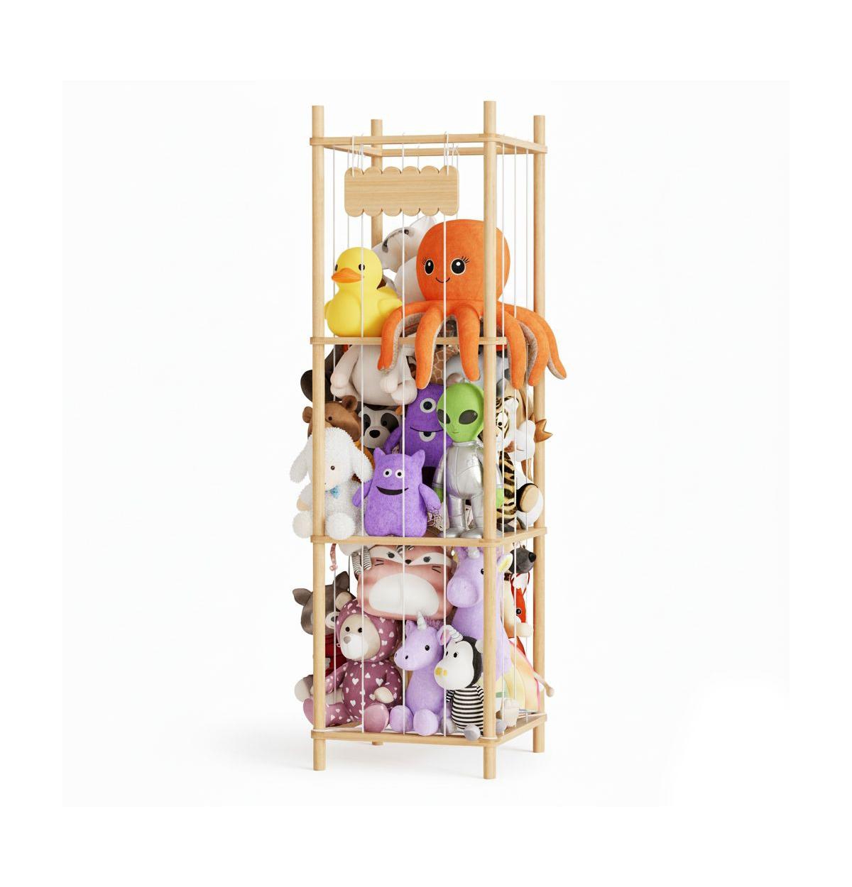SpaceAid Stuffed Animal Storage Organizer - Wood Toy Zoo Cage, Large Plush Toy Holder for Playroom, 15.8" Wide - Yellow