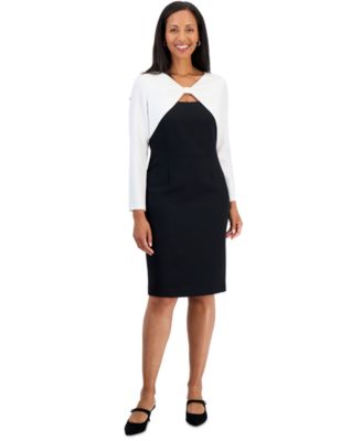 Women's 3/4-Sleeve Twist Front V-Neck Sheath Dress