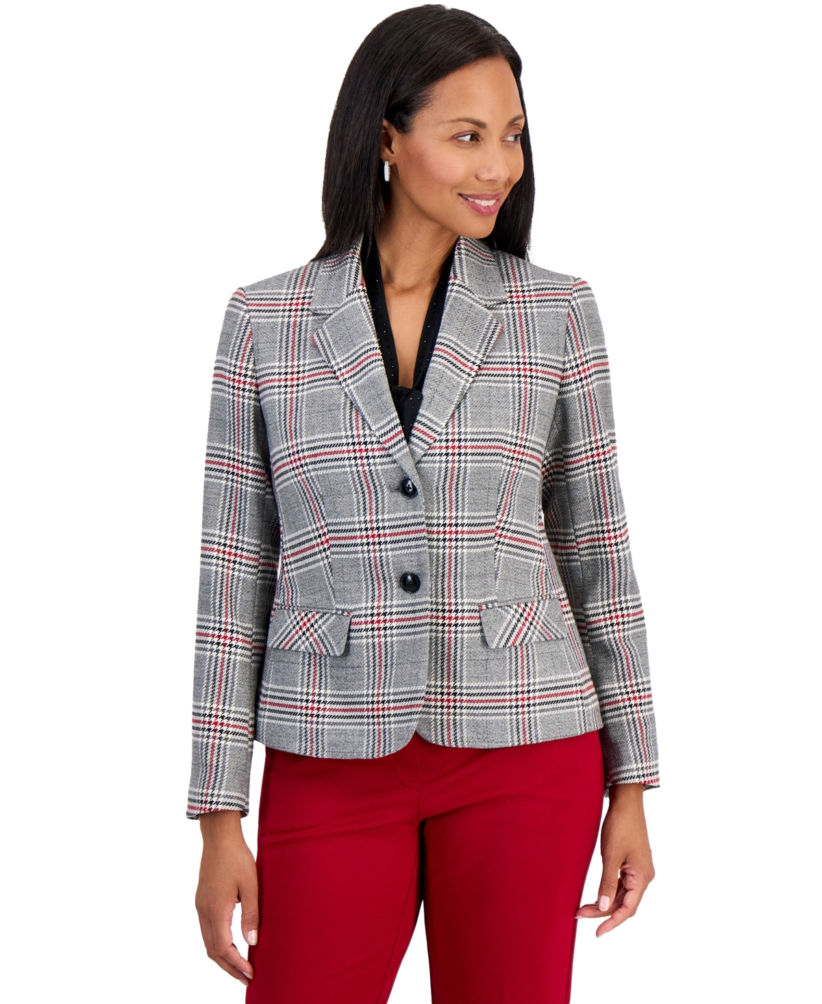 Kasper Women's Plaid Two Button Blazer - Fire Red Multi