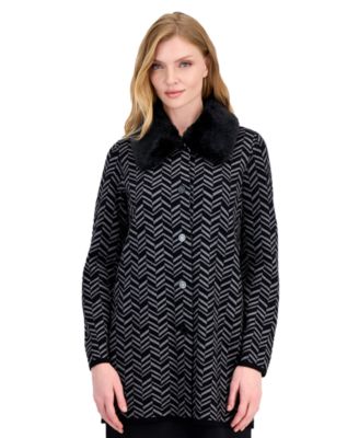 Women's Faux-Fur Collar Patch-Pocket Long-Sleeve Cardigan