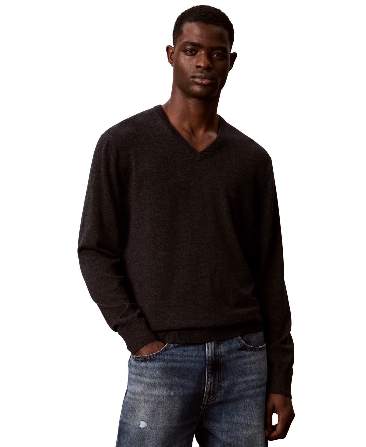 Calvin Klein Men's Merino Wool Classic-Fit V-Neck Sweater - Gunmetal Heather