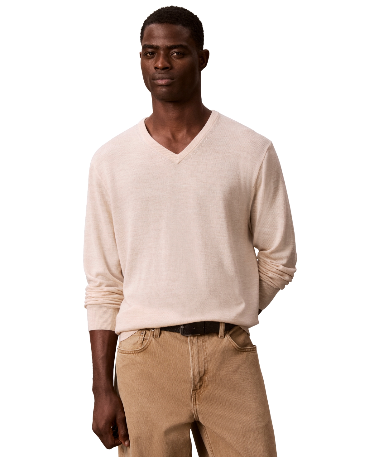 Calvin Klein Men's Merino Wool Classic-Fit V-Neck Sweater - Storm Khaki Heather