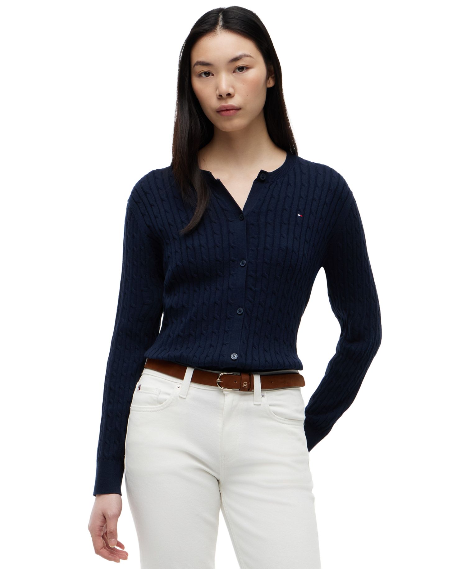 Women's Cable Knit Crew Neck Cardigan Sweater