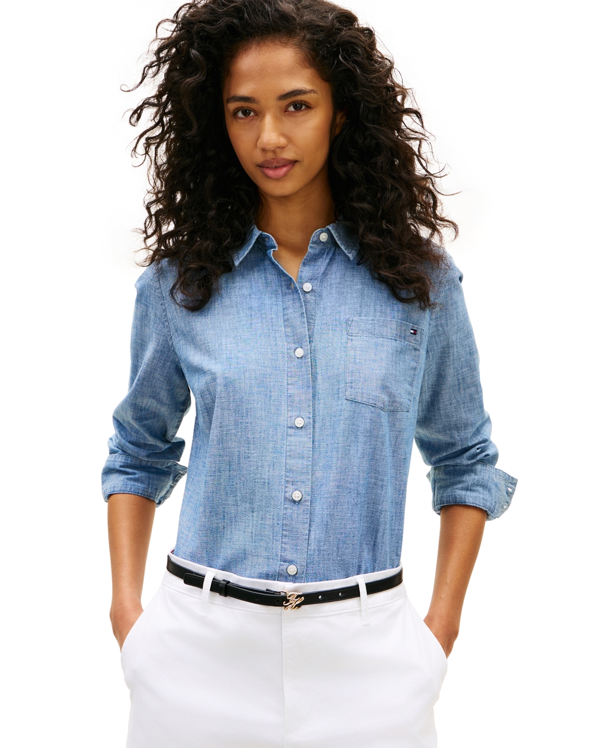 Tommy Hilfiger Women's Chambray Roll-Tab Long-Sleeve Shirt