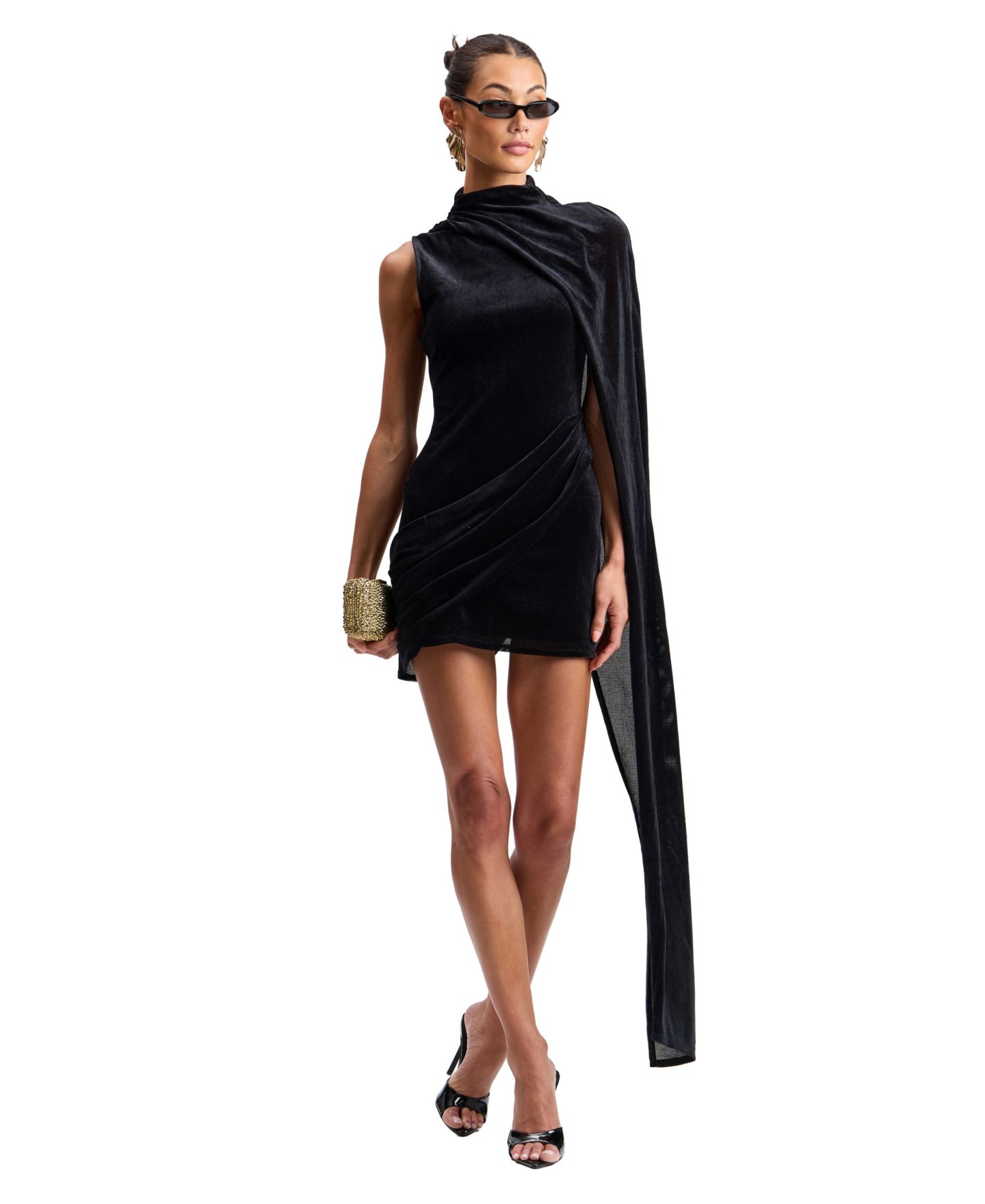 Женское платье Avec Les Filles Mock-Neck Cape Velvet Mini, цвет: Чёрный — фото 7