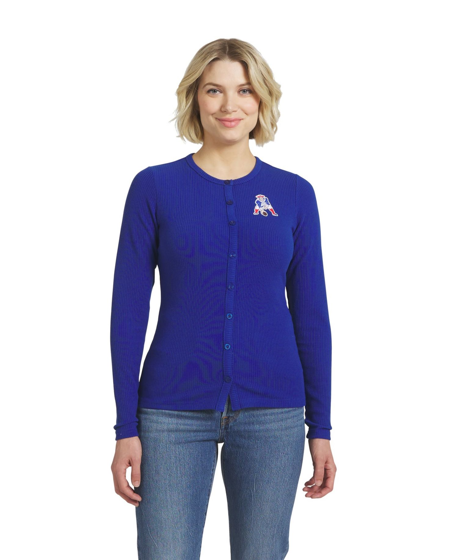 Women's Royal New England Patriots Ribbed Full-Button Cardigan Sweater