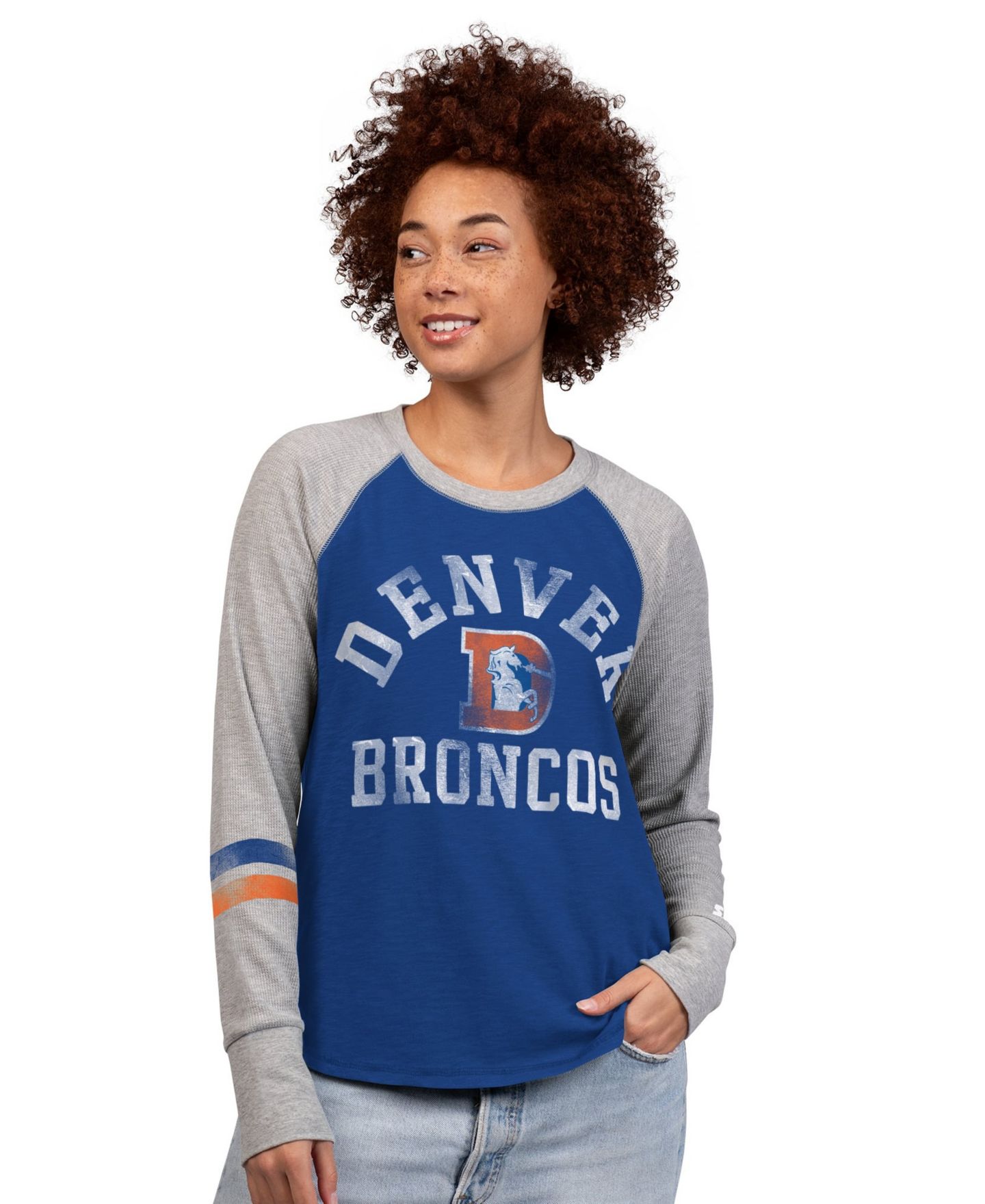 Женская футболка Starter Royal/Gray Denver Broncos Throwback Waffle-Knit Raglan Long Sleeve — фото 1