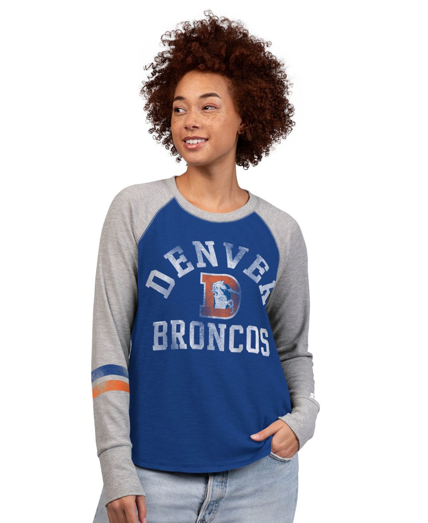 Women's Royal/Gray Denver Broncos Throwback Waffle-Knit Raglan Long Sleeve T-Shirt