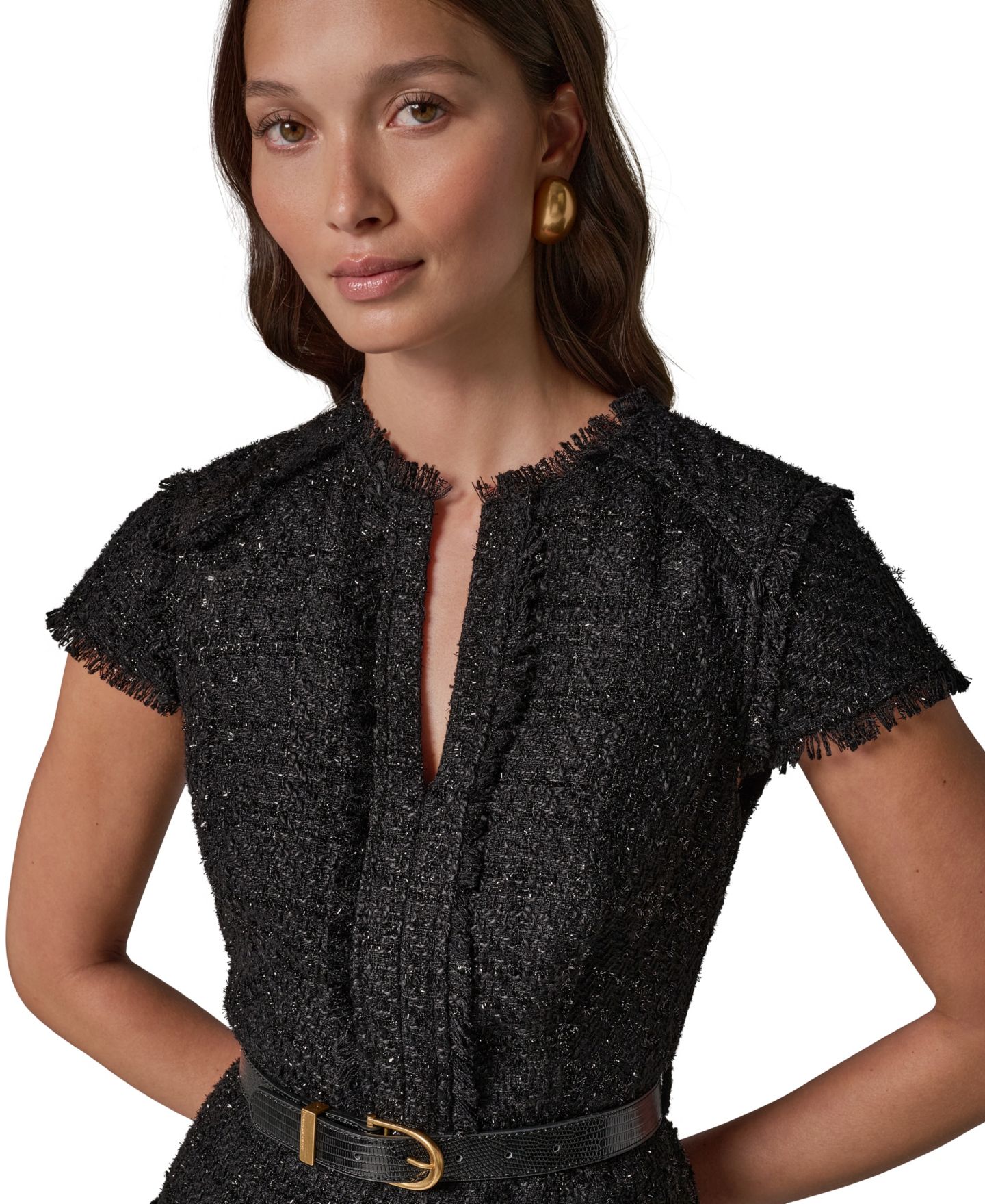 Женское платье Donna Karan New York Belted Split-Neckline Tweed Midi, цвет: Чёрный — фото 3