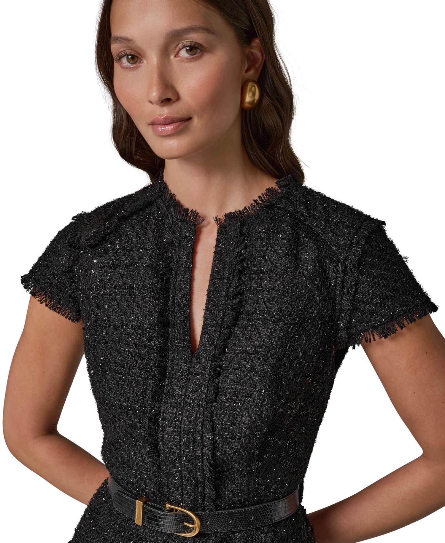 Women's Belted Split-Neckline Tweed Midi Dress