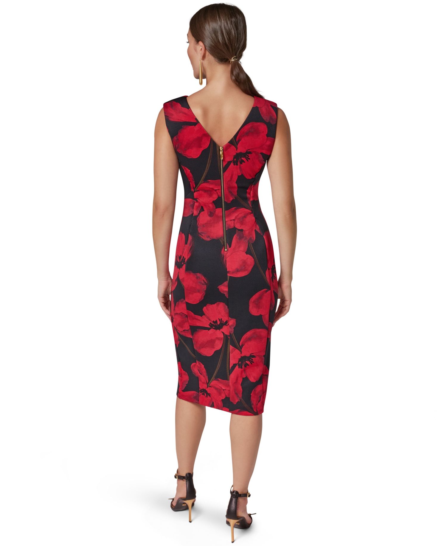 Women's Floral-Print V-Neck Sleeveless Sheath Midi Dress
