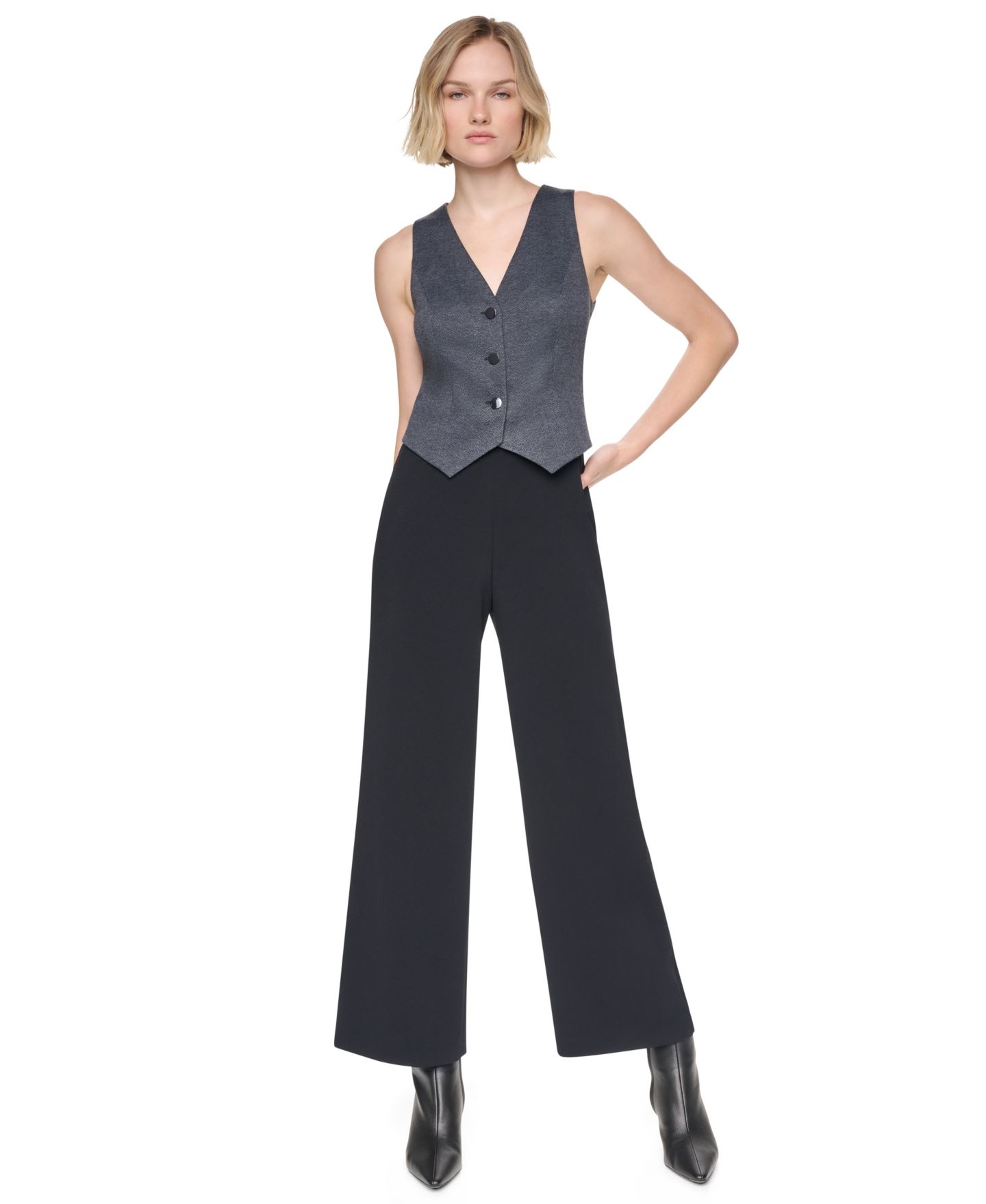 Женский комбинезон DKNY Sleeveless Vest V-Neck Wide-Leg Jumpsuit, цвет: Чёрный / Серый — фото 1