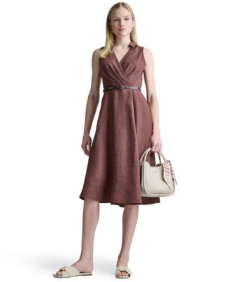 Women's Midi A-Line Faux-Wrap Faux Leather Shirt Dress