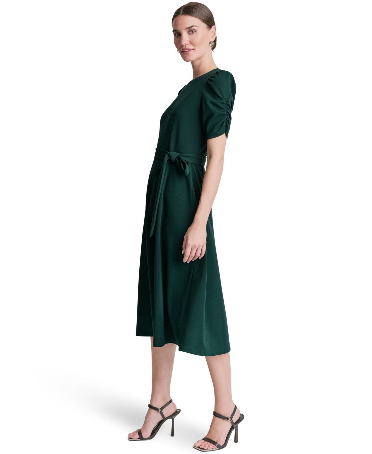 Women's Short-Sleeve Scuba Crepe Belted Fit and Flare Midi Dress