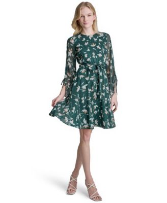 Women's Long-Sleeve A-Line Floral-Print Dress