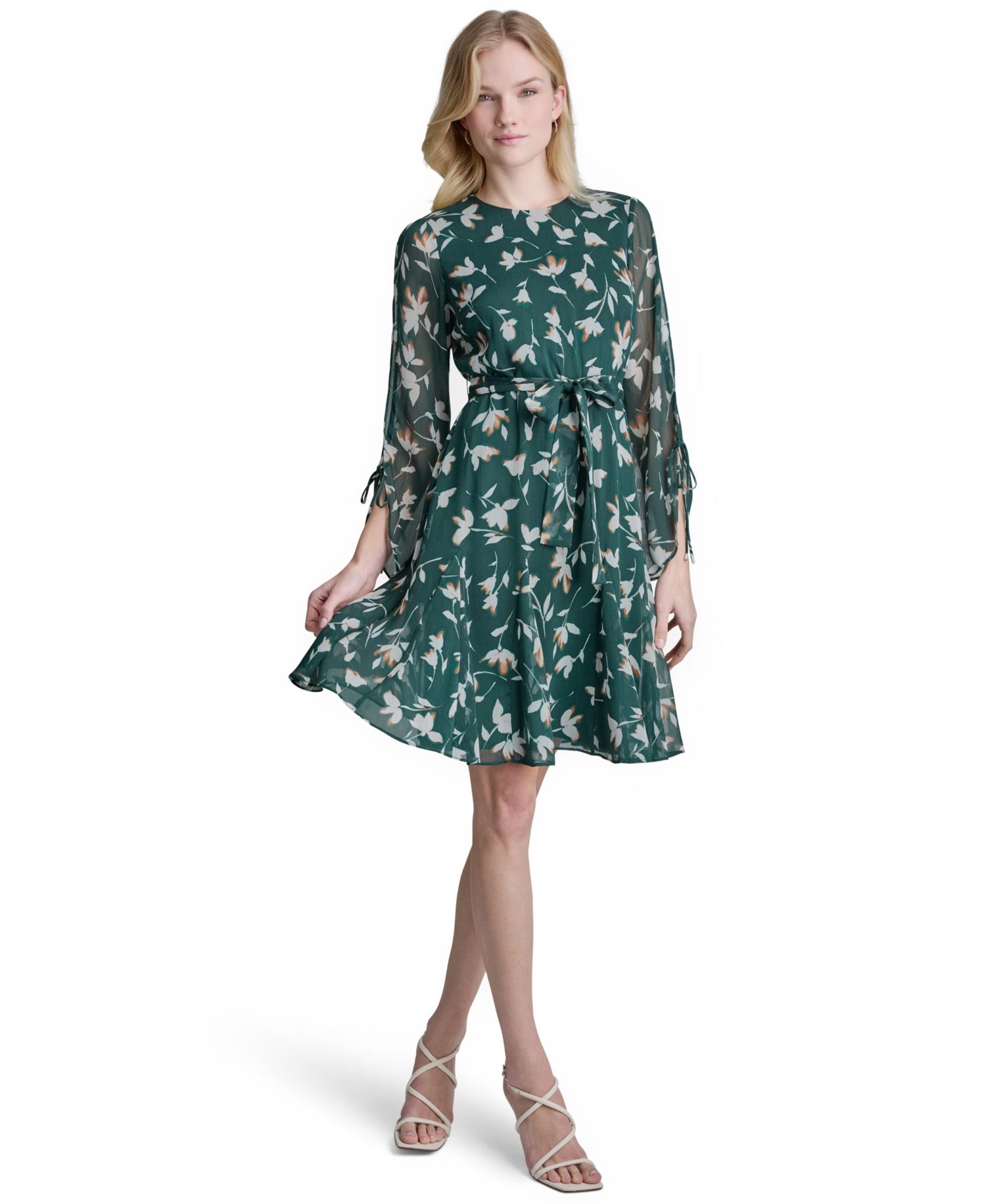 Women's Long-Sleeve A-Line Floral-Print Dress