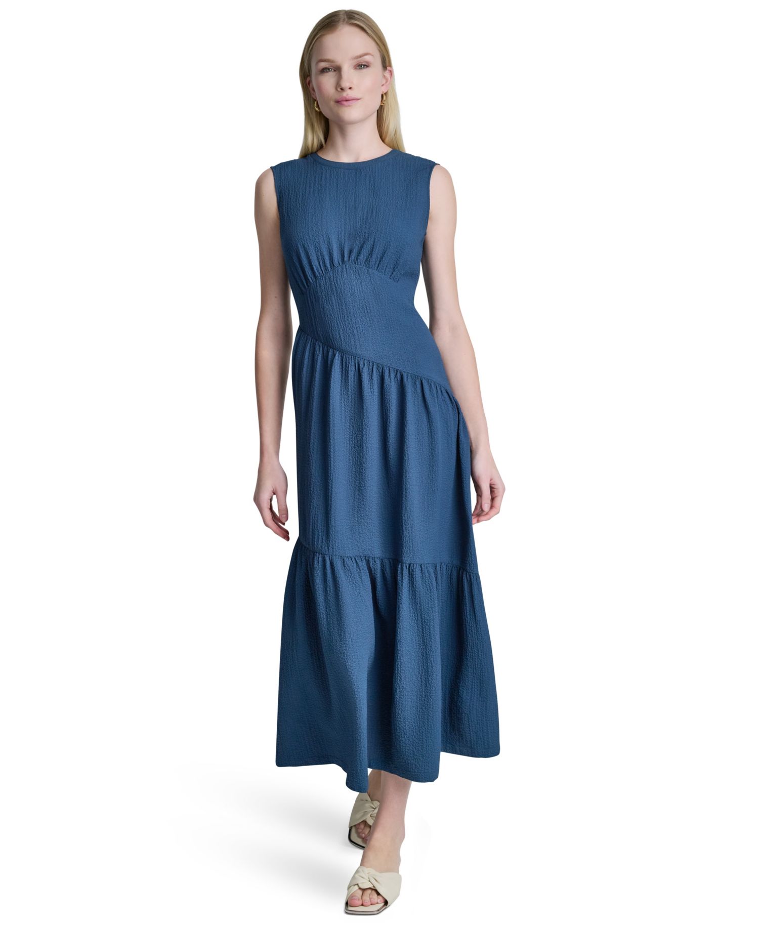 Women's Sleeveless Jewel Neck Asymmetrical Tiered Maxi Dress