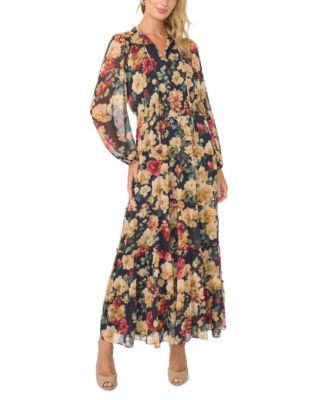 Women's Floral-Print Long-Sleeve Smocked Maxi Dress