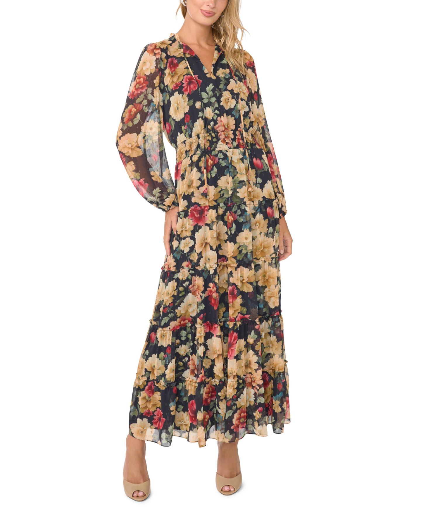 Женское платье Vince Camuto Floral-Print Long-Sleeve Smocked Maxi, цвет: Насыщенный чёрный — фото 1