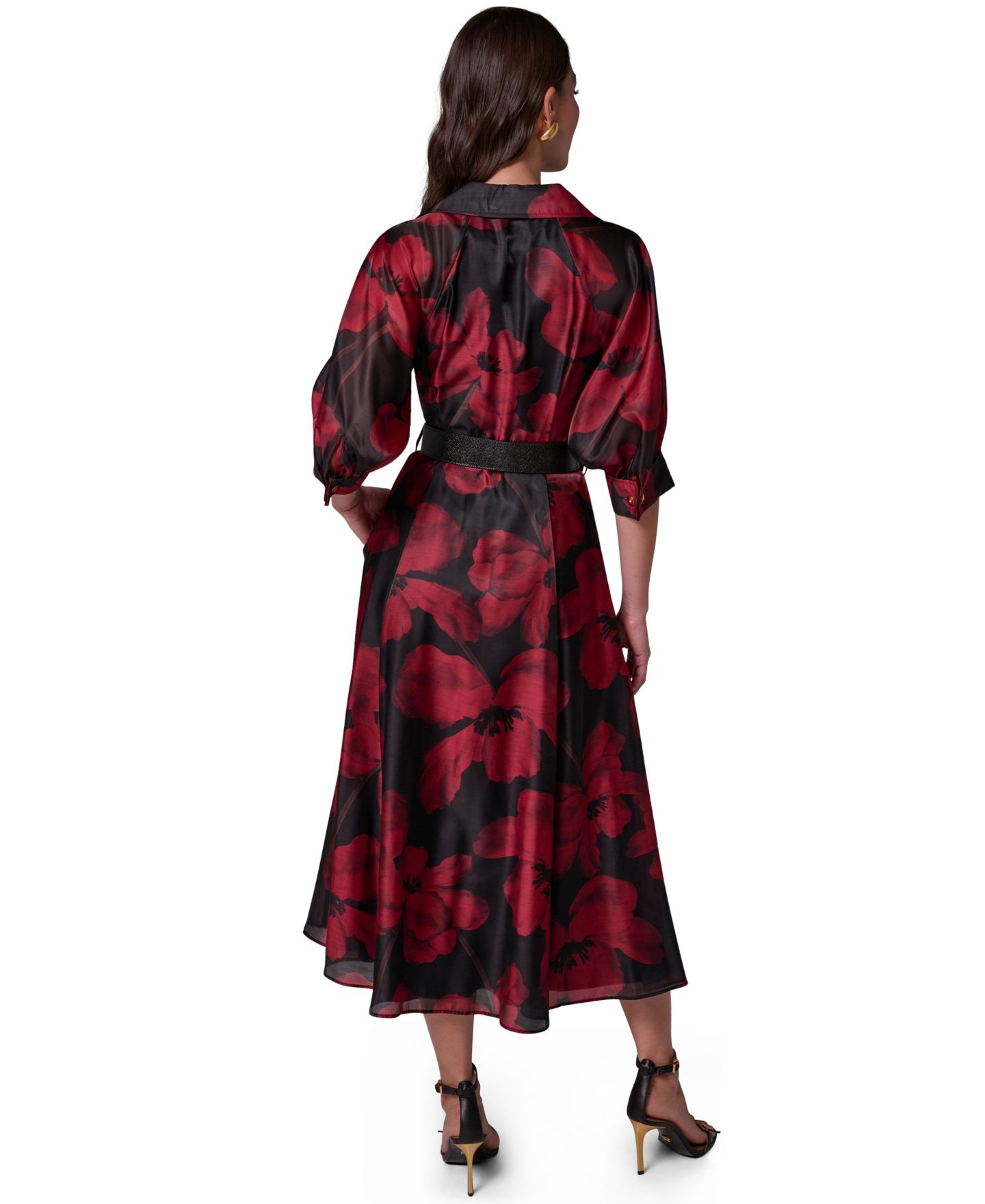 Женское платье Donna Karan New York Floral-Print 3/4-Sleeve Midi Shirtdress, цвет: Чёрный / Красный бархатный разноцветный — фото 5