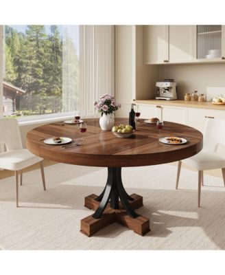 47" Round Wood Dining Table for 4-6, Farmhouse Kitchen Table with Pedestal Base