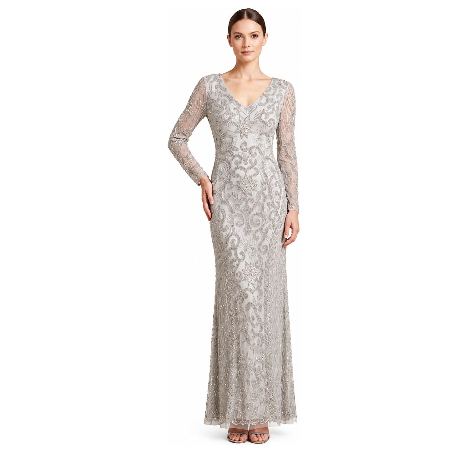 Women's Beaded Long-Sleeve V-Neck Gown