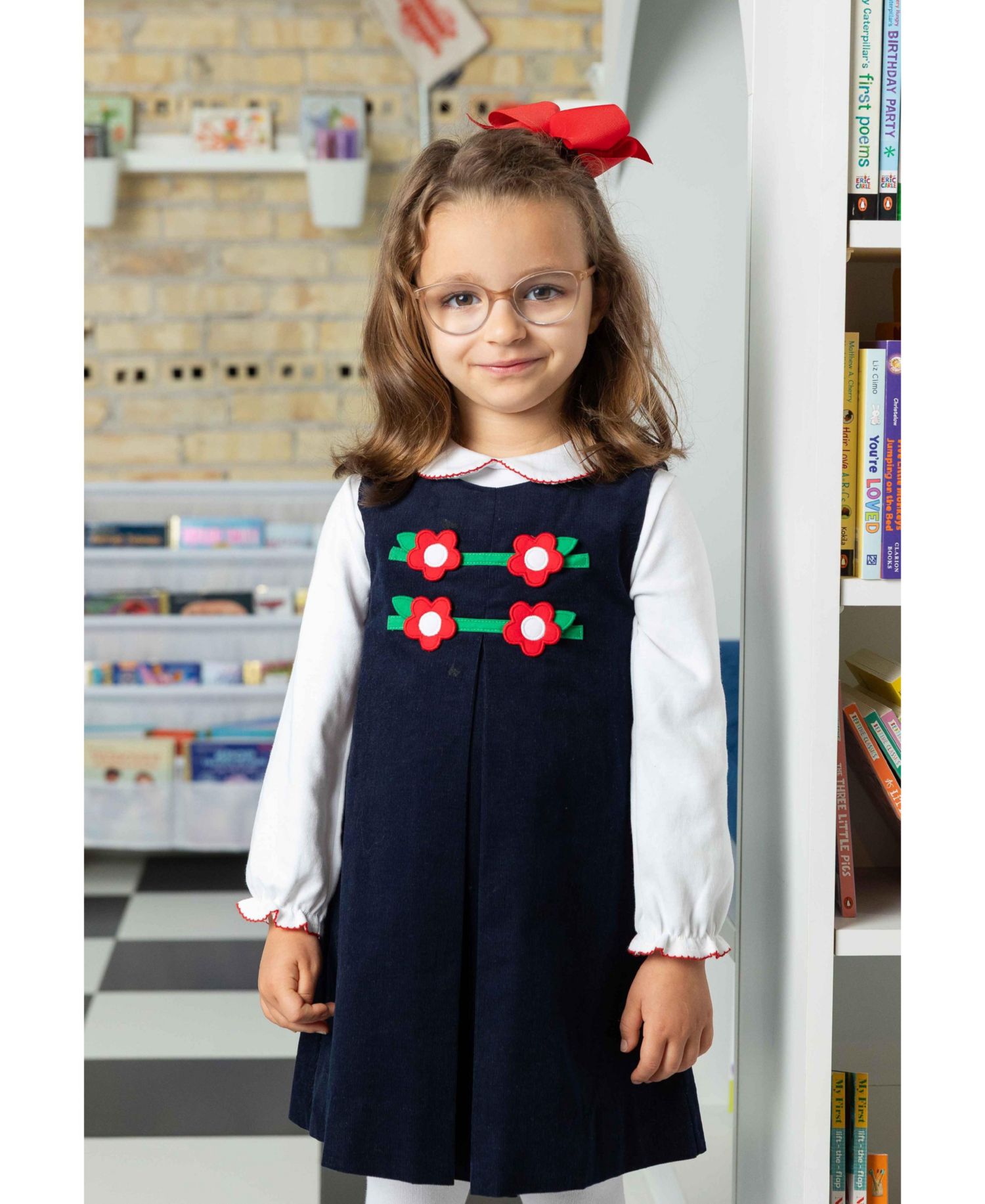 Girl's (4-6X) Corduroy Jumper with Flowers Dresses