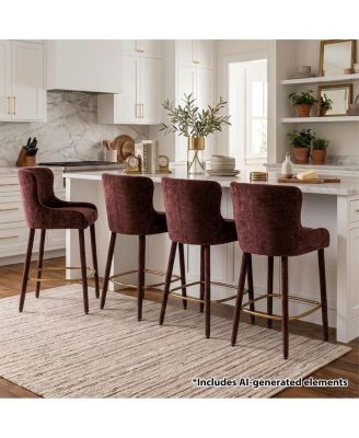Modern Luxury Counter-Height Bar Stools Set of 4, Wingback Chenille Upholstered Seating, Wraparound Gold-Tone Footrest