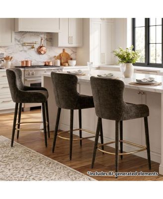 Counter-Height Wingback Counter Stools Set of 3, Chenille Upholstered, Tone Footrest, 26.5" Seat Height