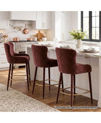 Counter-Height Wingback Counter Stools Set of 3, Chenille Upholstered, Tone Footrest, 26.5" Seat Height