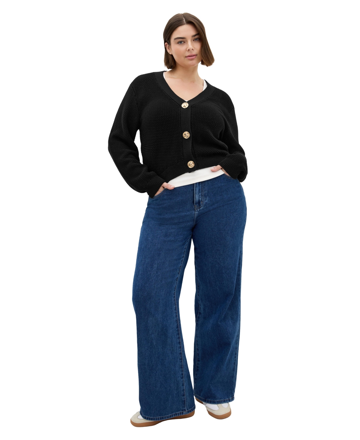 City Chic Plus Bella V-Neck Long-Sleeve Textured-Knit Cardigan